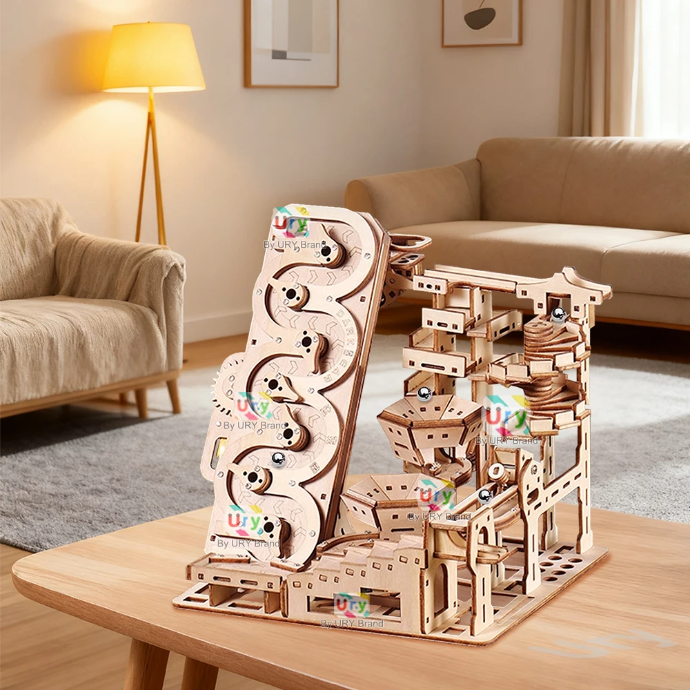 Ury 3D-Holzpuzzle, elektrisches Trackgerät, Marmor-Lauf-Set, Gegenstrom, Kompass, Modell, Wissenschaft, Ball, Labyrinth, Montage, Geschenk für Kinder