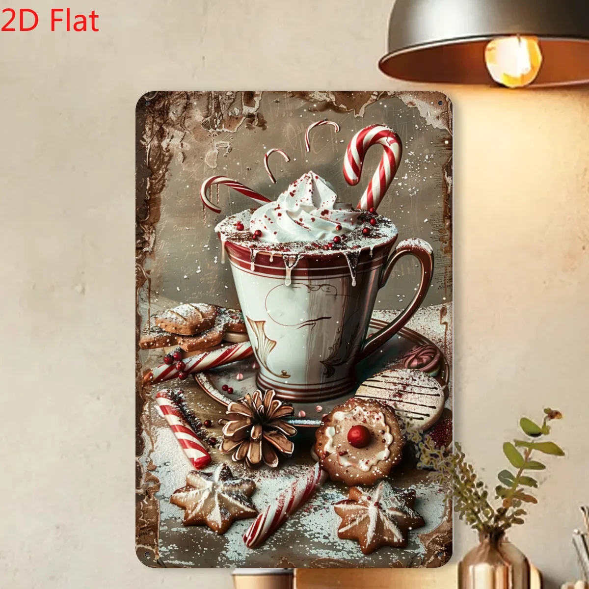 Letrero Decorativo Rústico de Pared con Diseño de Chocolate Caliente y Bastón de Caramelo, Estilo Vintage, Metal de Hierro Preperforado, para Decoración del Hogar, Cafetería o Garaje