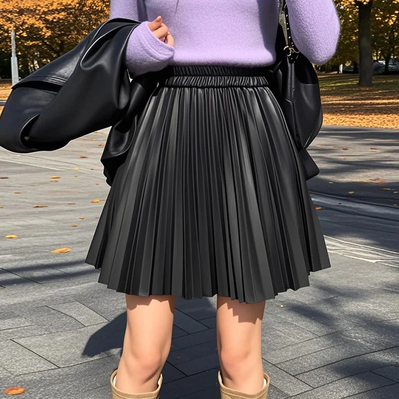 

Осень-зима, плиссированная кожаная юбка из искусственной кожи, женская модная однотонная короткая мини-юбка с эластичной резинкой и высокой талией