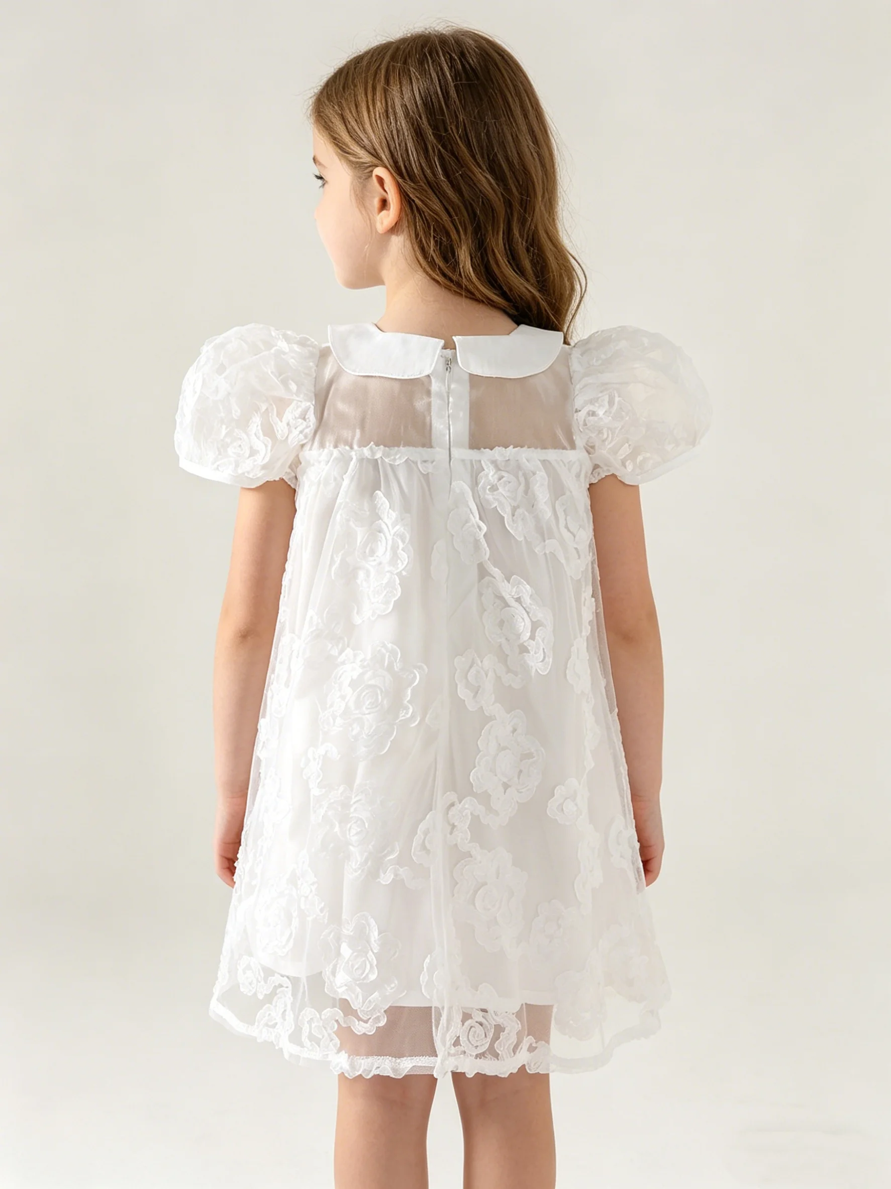 Summer Girls' Doll Collar Short Sleeved Solid Color Three-Dimensional Flower Fashionable, Sweet And Cute Dress