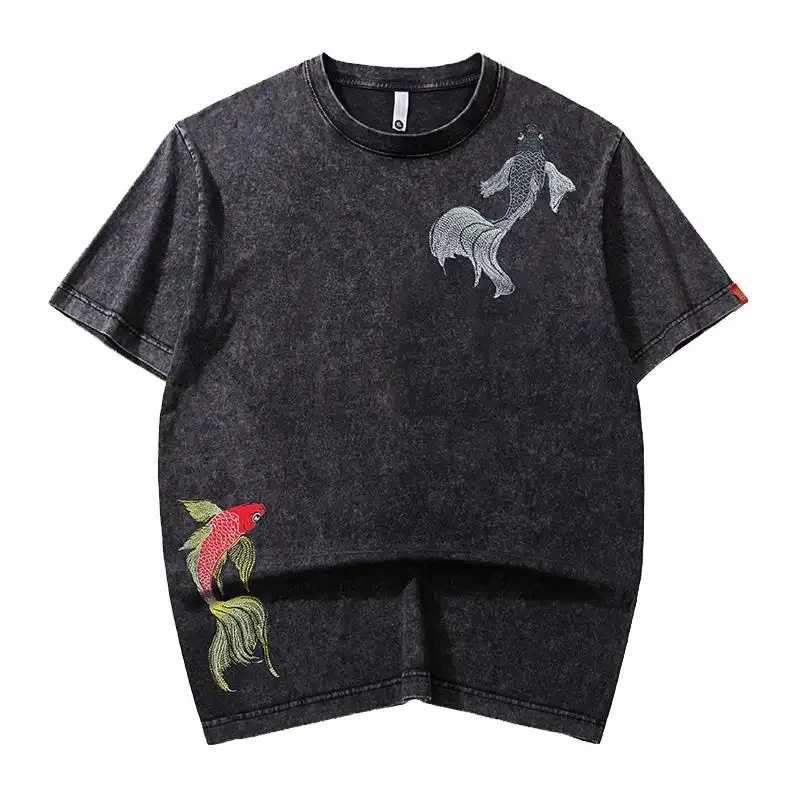 2026 Summer New Chinese Style Koi Fish Embroidery Print T-Shirt For Men Vintage Fashion Loose Casual Short Sleeve Round Neck Sof