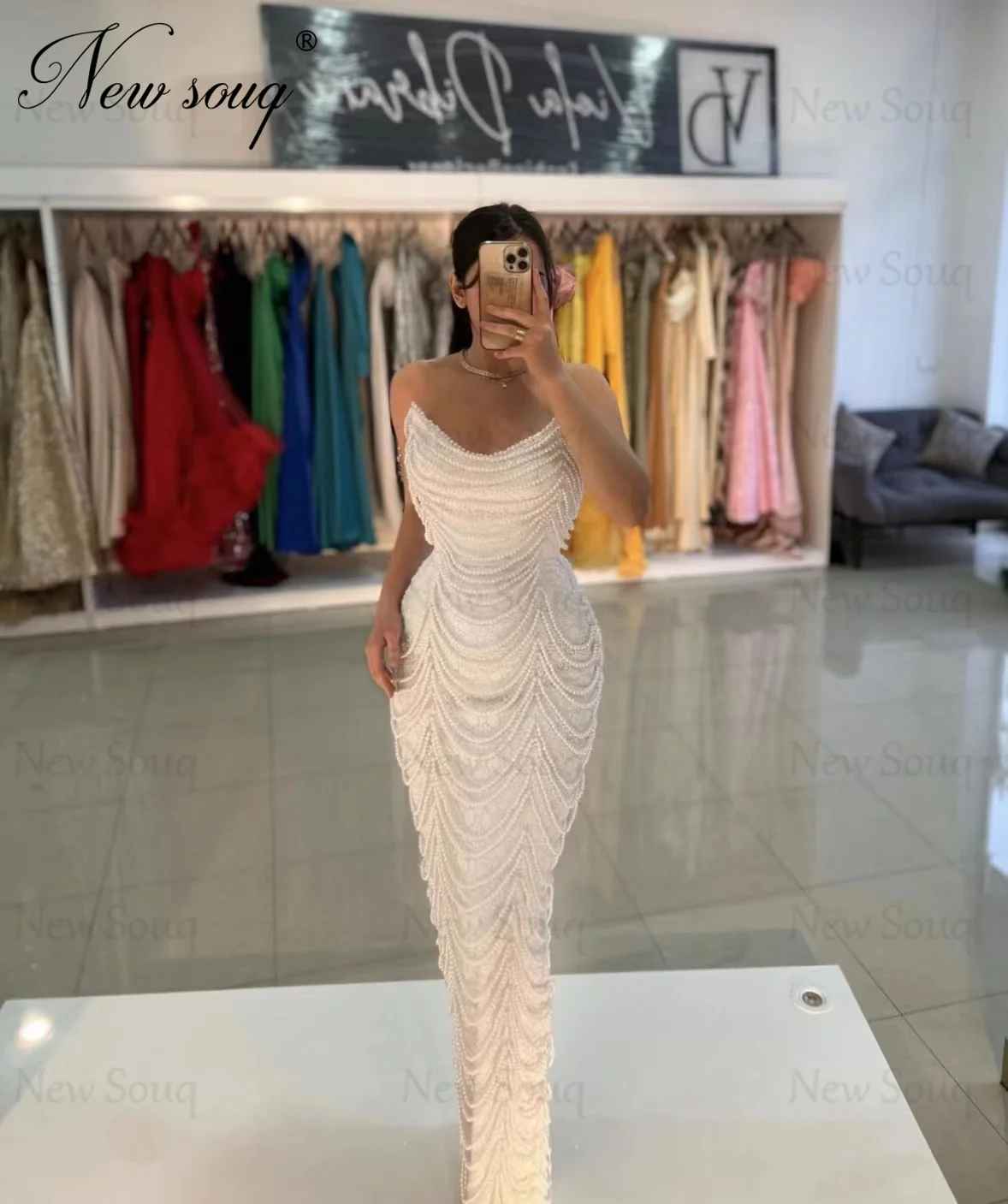 Full Pearls Evening Dresses Haute Coutures Cocktail Mermaid Party Engagement Dress Luxury Long Strapless Prom Dress Vestidos