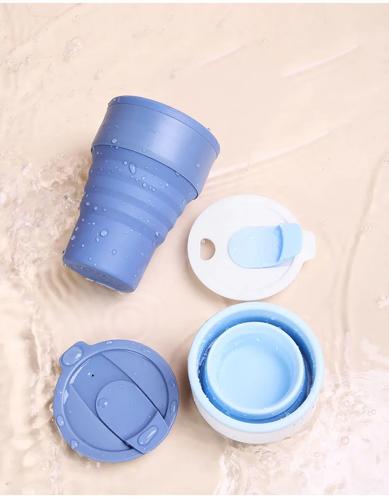 Reusable Silicone Collapsible Cups with Lid for Camping 375ml 16oz Portable Folding Coffee Cups for Travel -40-200C