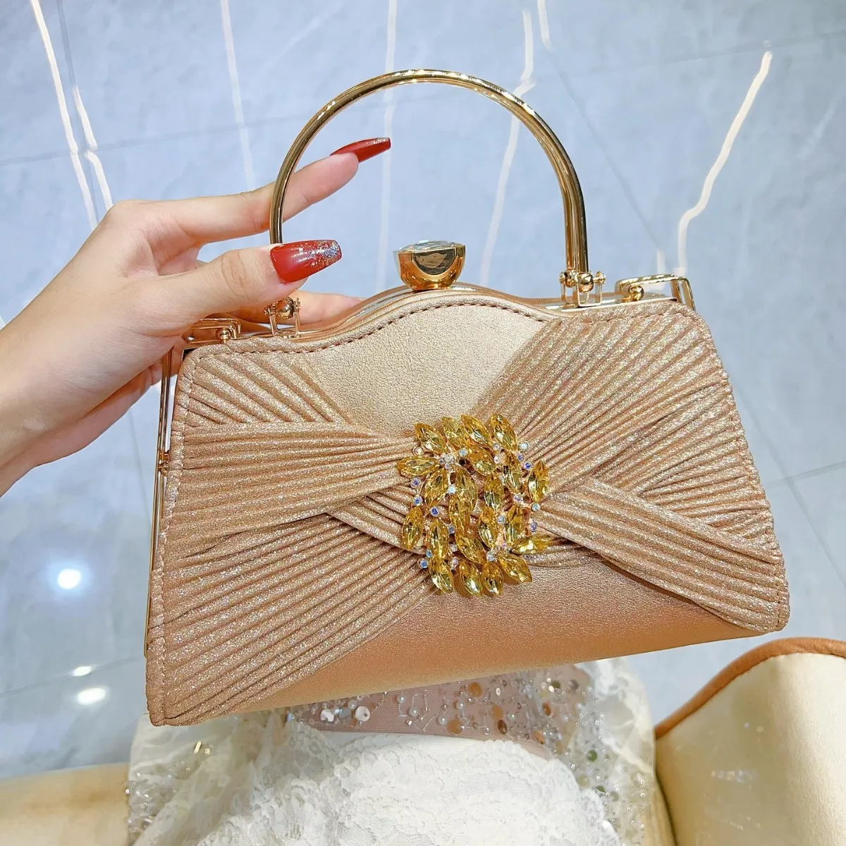 

New Women Luxury Designer Metal Style Sparkling Handmade Rhinestone Evening Bags 2025 Trendy Diamonds Sequined Fold Clutch Purse