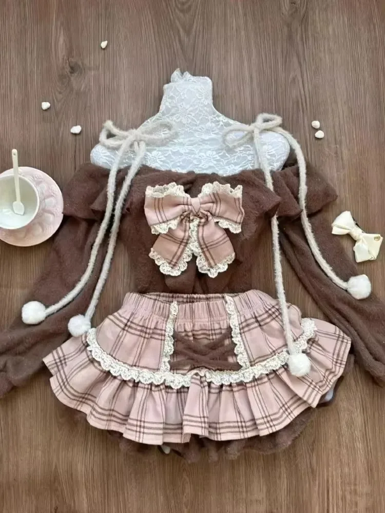Korean 2 Piece Sets Women Casual Bow Y2k Crop Top Blouse + Mini Skirts 2000s Vintage Suits Chic Japanese Kawaii Clothing Autumn