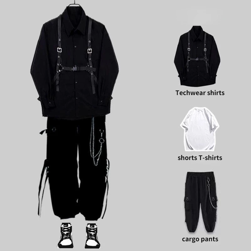 Set Celana Techwear Punk Pria 3 Potong Pakaian Celana Kargo Hitam Kemeja Lengan Panjang Streetwear Korea Hip Hop Musim Semi