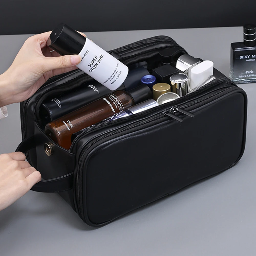 1pcs PU Leather Hanging Travel Toiletry Bag for Men,Large Capacity Bathroom Organizer Storage Bag for Business Trips,Swimming