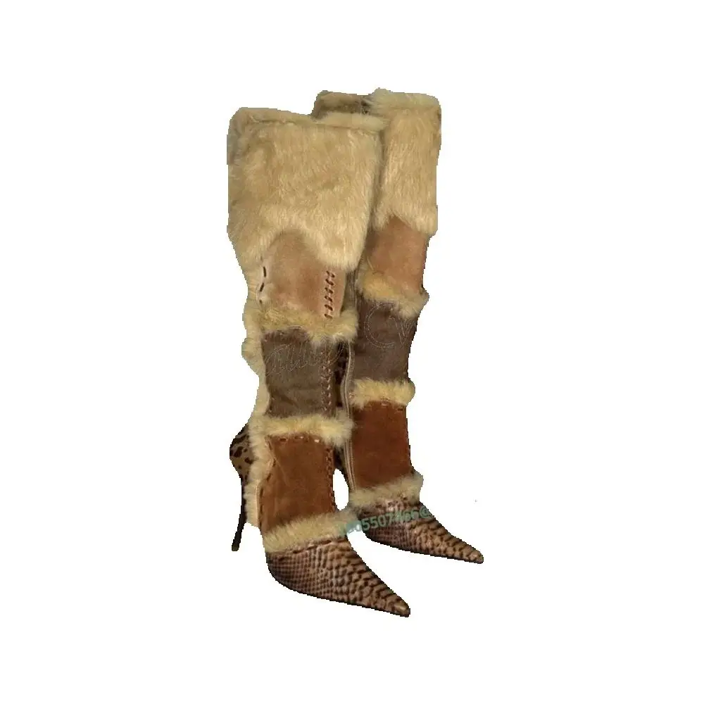 Bruin patchwork bont decor laarzen slangenleer stiletto schoenen voor vrouwen dunne hakken schoenen nieuwe collectie zapatos para mujer