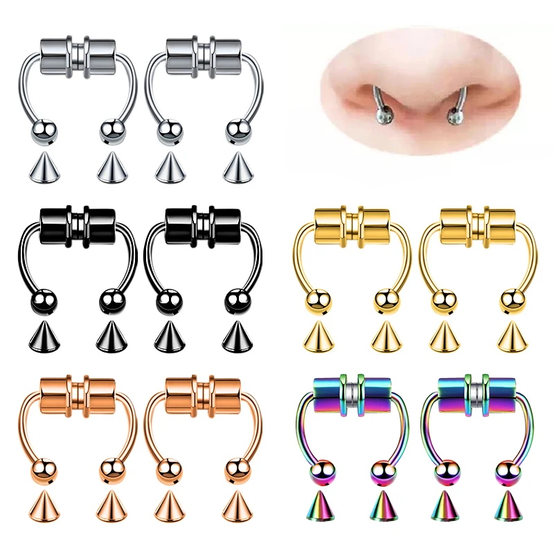 2pc Women Fake Piercing Nose Ring Hoop Septum Non Piercing Nose Clip Rock HipHoop Stainless Steel Magnet Punk Body Jewelry