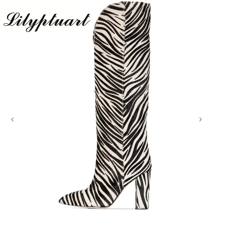 

Прямые женские сапоги до колена в европейском и американском стиле, сапоги до колена на толстом каблуке с узором «Зебра» из конского волоса