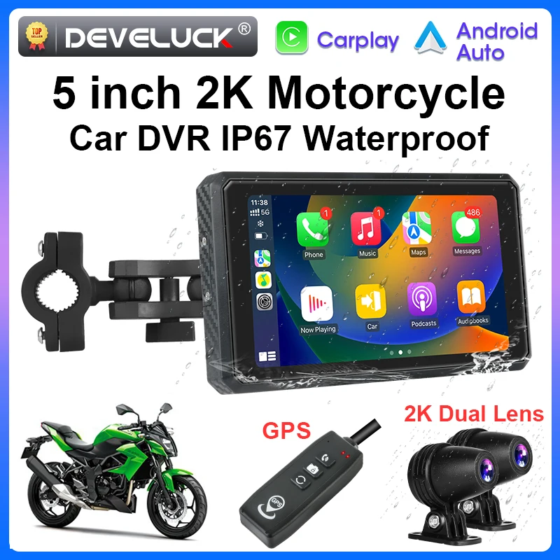 5\'\' Motorcycle 2K HD DVR Portable GPS Navigation Wireless Carplay Android Auto IPX7 Waterproof Screen Bluetooth Dual Lens Moto