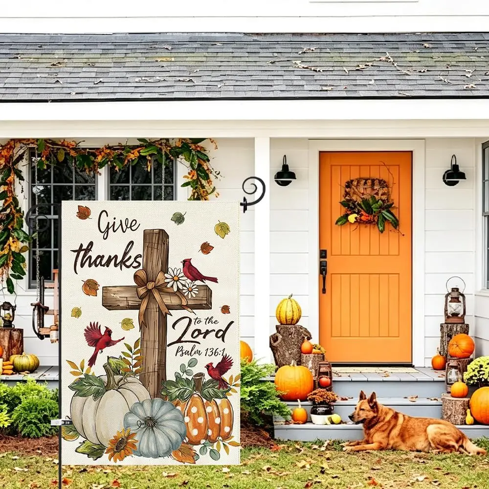 Fall Garden Flag 12.5 x 18 Inch, Cross Pumpkin Red Bird Double Sided Burlap Welcome Small Yard Flag Autumn Thanksgiving Holi kkz
