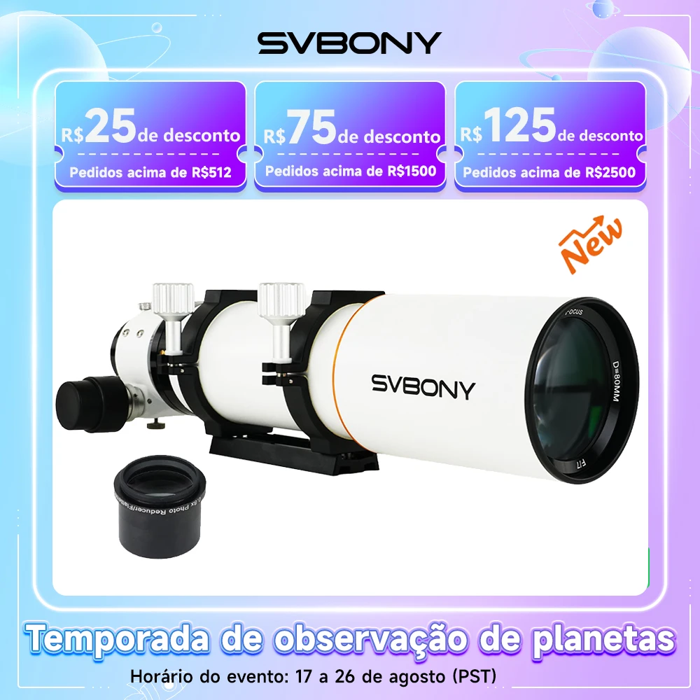 Telescópio Refrator Svbony SV503 80ED F7 Aprimorado com Correção de Campo Plano Integrada para Astrofotografia de Céu Profundo