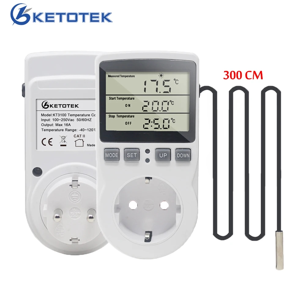 

3 Meter Sensor Probe EU Plug Digital Thermostat KT3100 Temperature Controller Socket Outlet With Timer Switch Heating Cooling