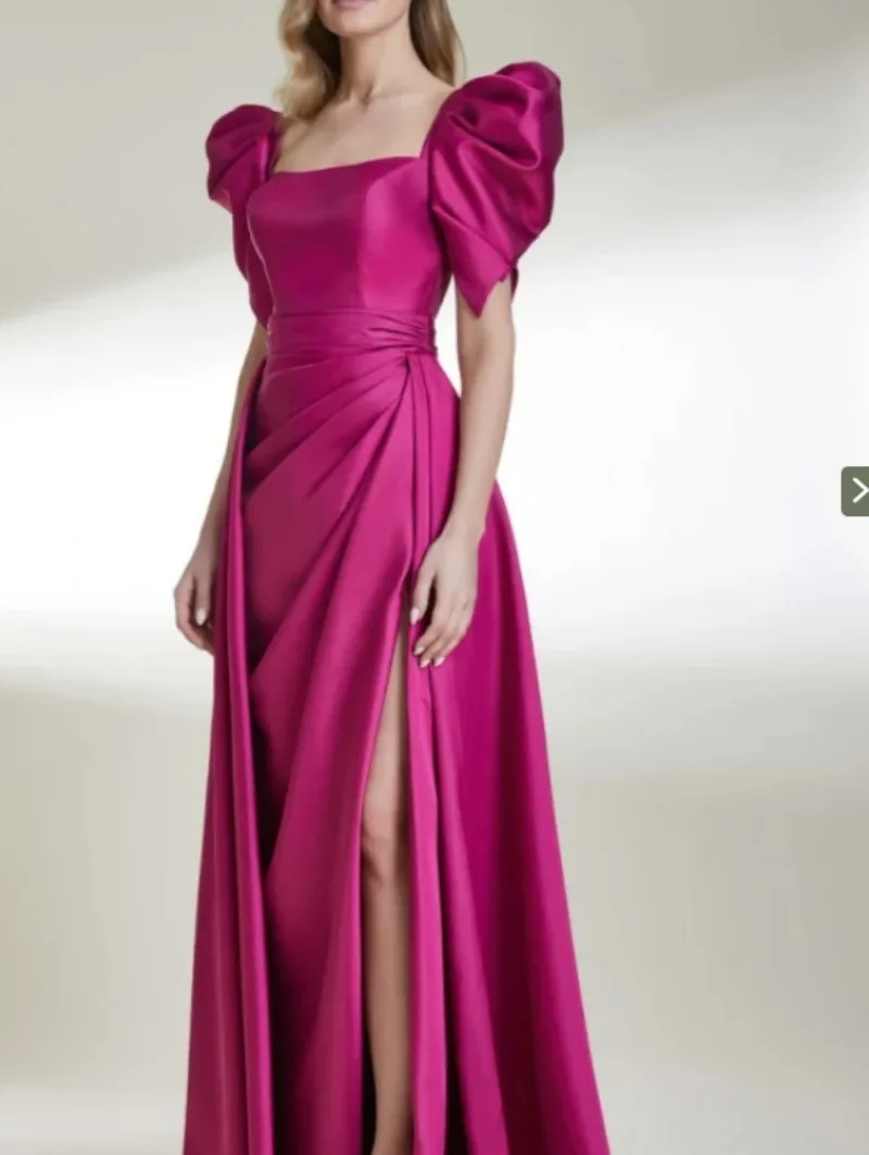 2024 Elegant Puff Sleeve Formal Evening Dress New Square Collar Wedding Guest Gown Sweet Satin Prom Dress Slit Vestidos Noche