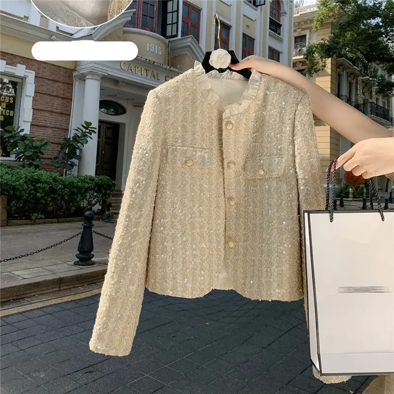 Women Sparkling Woolen Tweed Sequined Blazers Coat Beading Suits Jacket OL Lace Patchwork O-Neck Collar Cardigan Spring Tops