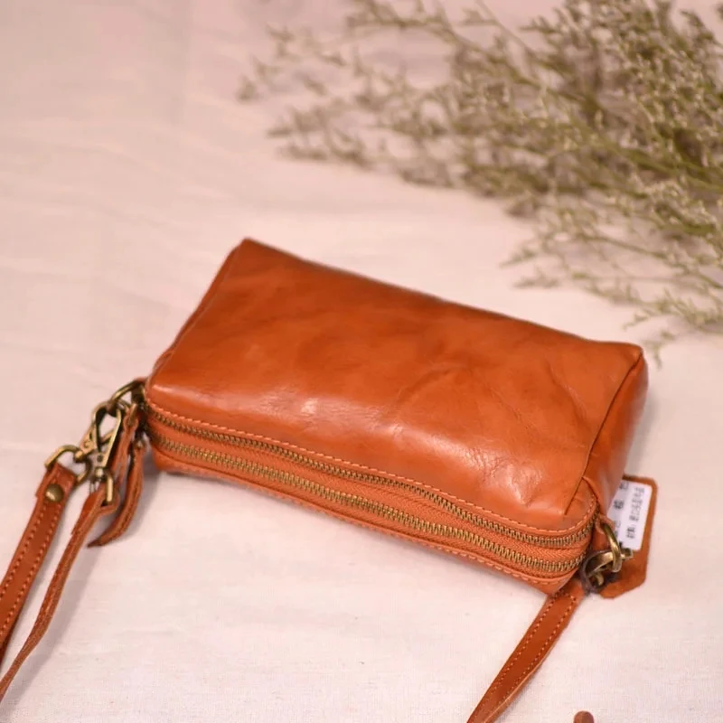AETOO Small square bag Senior sense retro double zipper crossbody bag hand-planted tanned leather for men mobile phone small bag