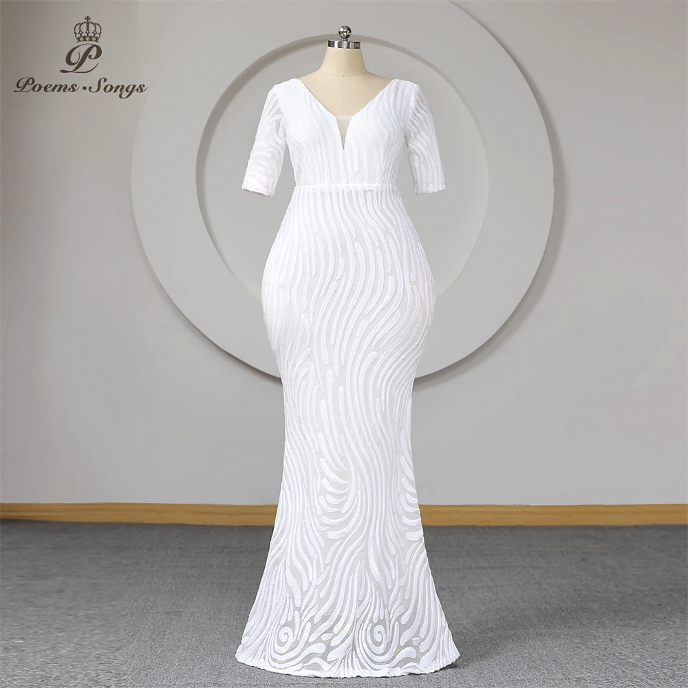 

Plus Size Trumpet Evening Dress With Half Sleeves Mermaid White Sequins V Neck Women Long Party Dresses Formal Gown Maxi dress