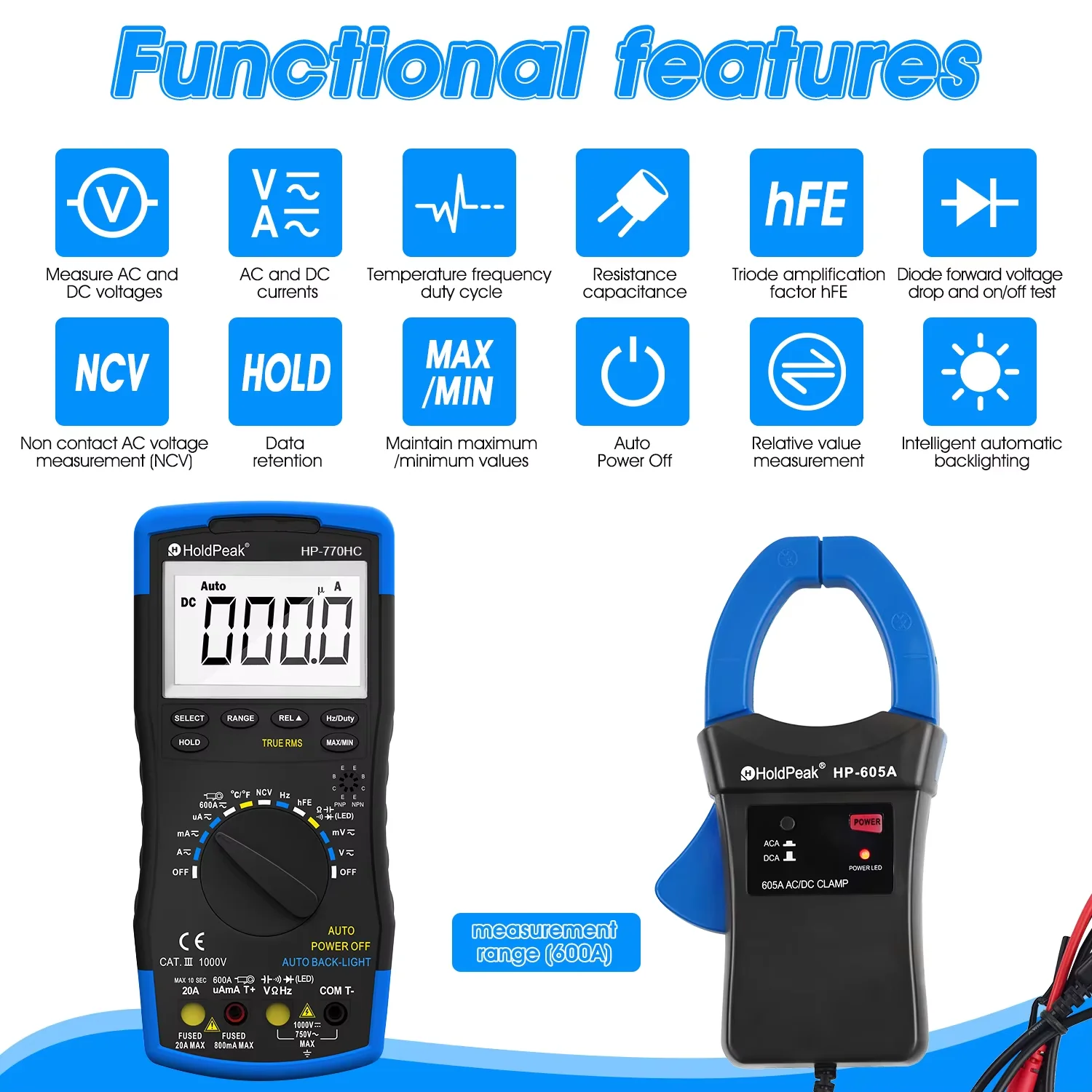 HoldPeak HP-770HC Digital Multimeter Tester True RMS Smart Autoranging Probe With NCV+HP-605A Clamp Adapter 600A  AC/DC Current