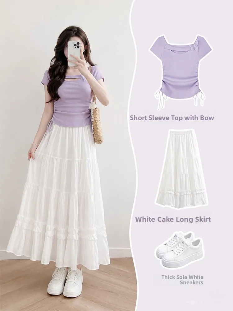 

Summer Beautiful Two-Piece Set Purple Gentle Pure Desire Drawstring Short Sleeve Top White Slimming Half-length Skirt