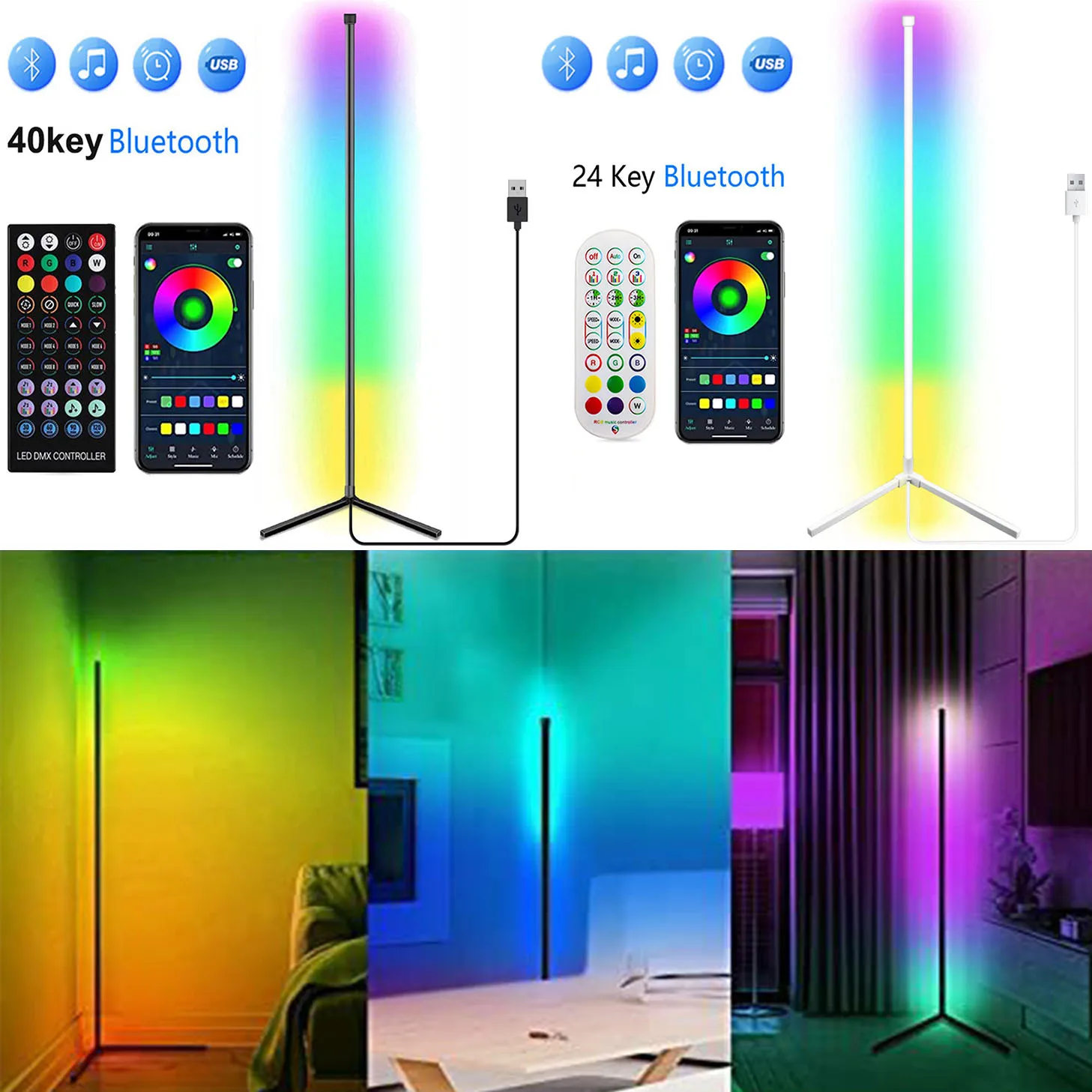 120cm/160cm inteligentny ściemniany pasek stojąca lampa LED narożnik RGB podłoga lampa do sypialni do gier salon dekoracja w stylu skandynawskim