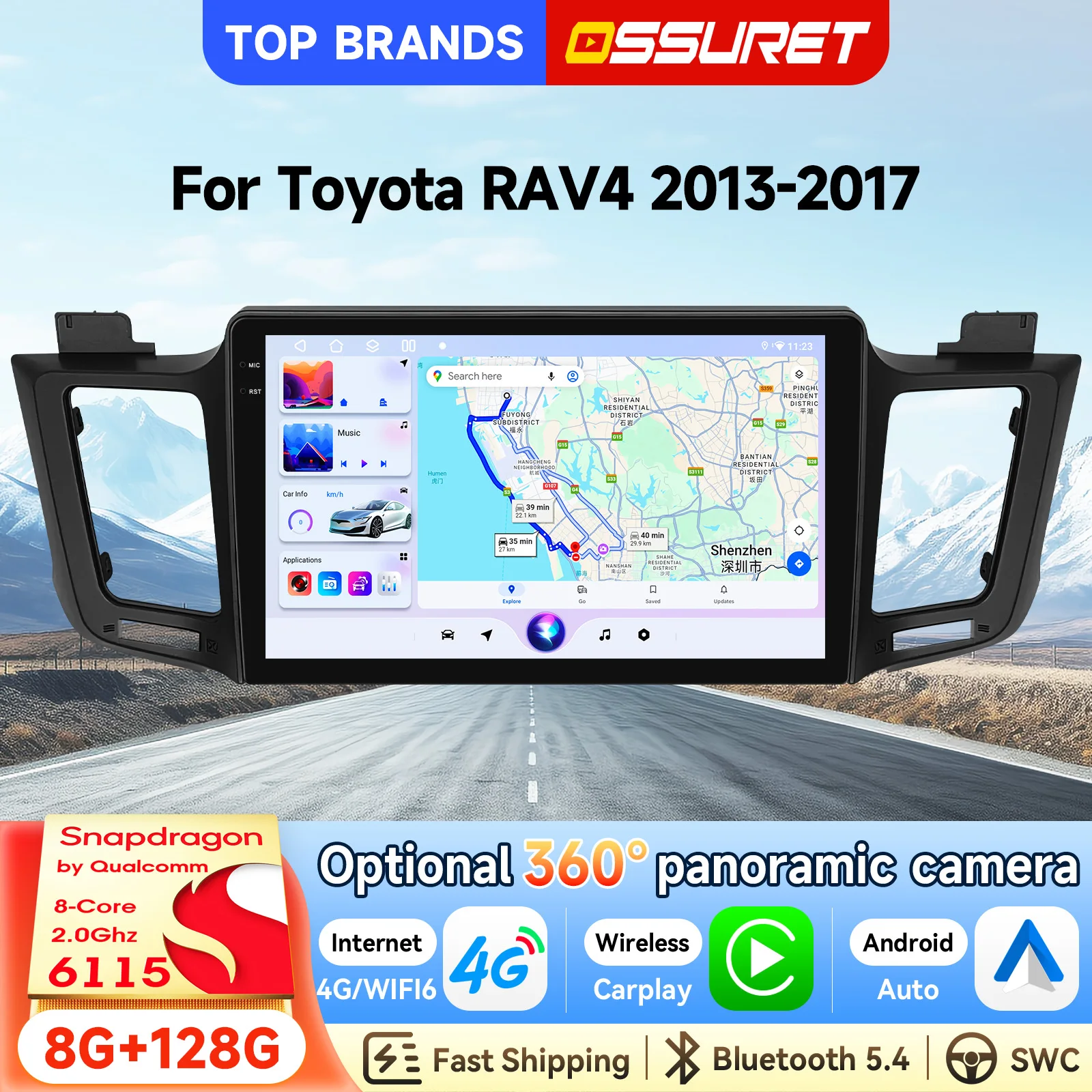 OSSURET Schnelle Lieferung 10,1'' 2 Din 6115 Android 15 Autoradio für Toyota RAV4 2013-2017 Einheit Octa Core Autoradio GPS-Navigation Bluetooth SWC WiFi RDS DSP Audio Radio Optional 360 °   Kamera