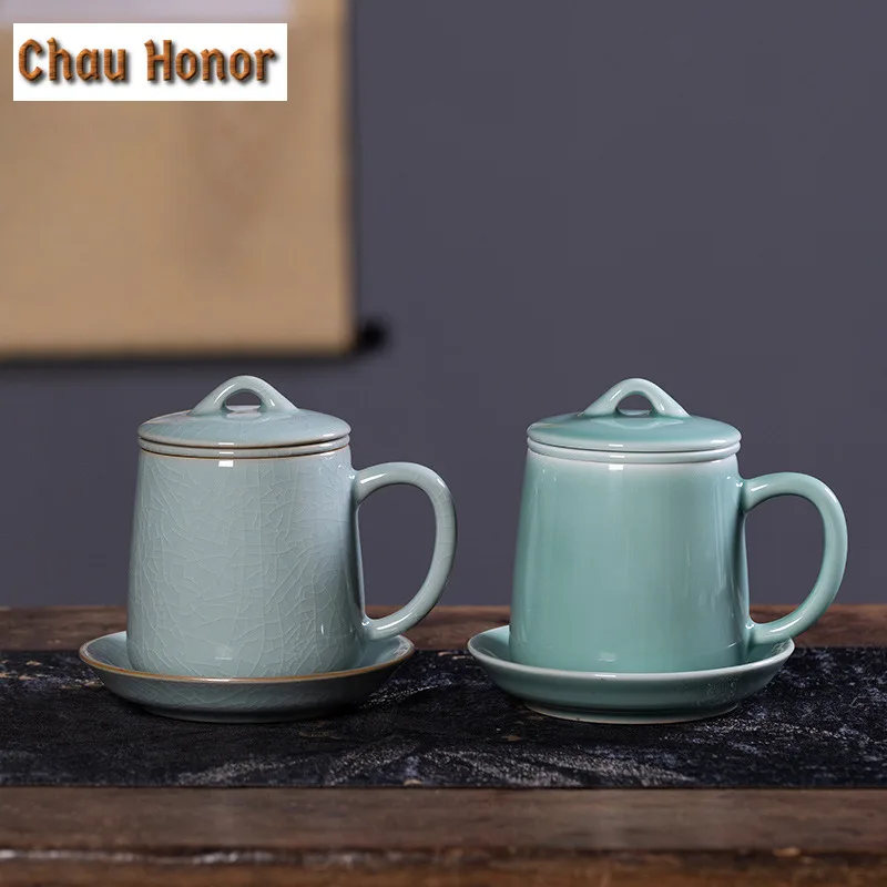 

375ml Handmade Longquan Celadon Filter Tea Separator Cup Traditional Tea Mug with Infuser Tea Brewing Office Water Cup Ornaments