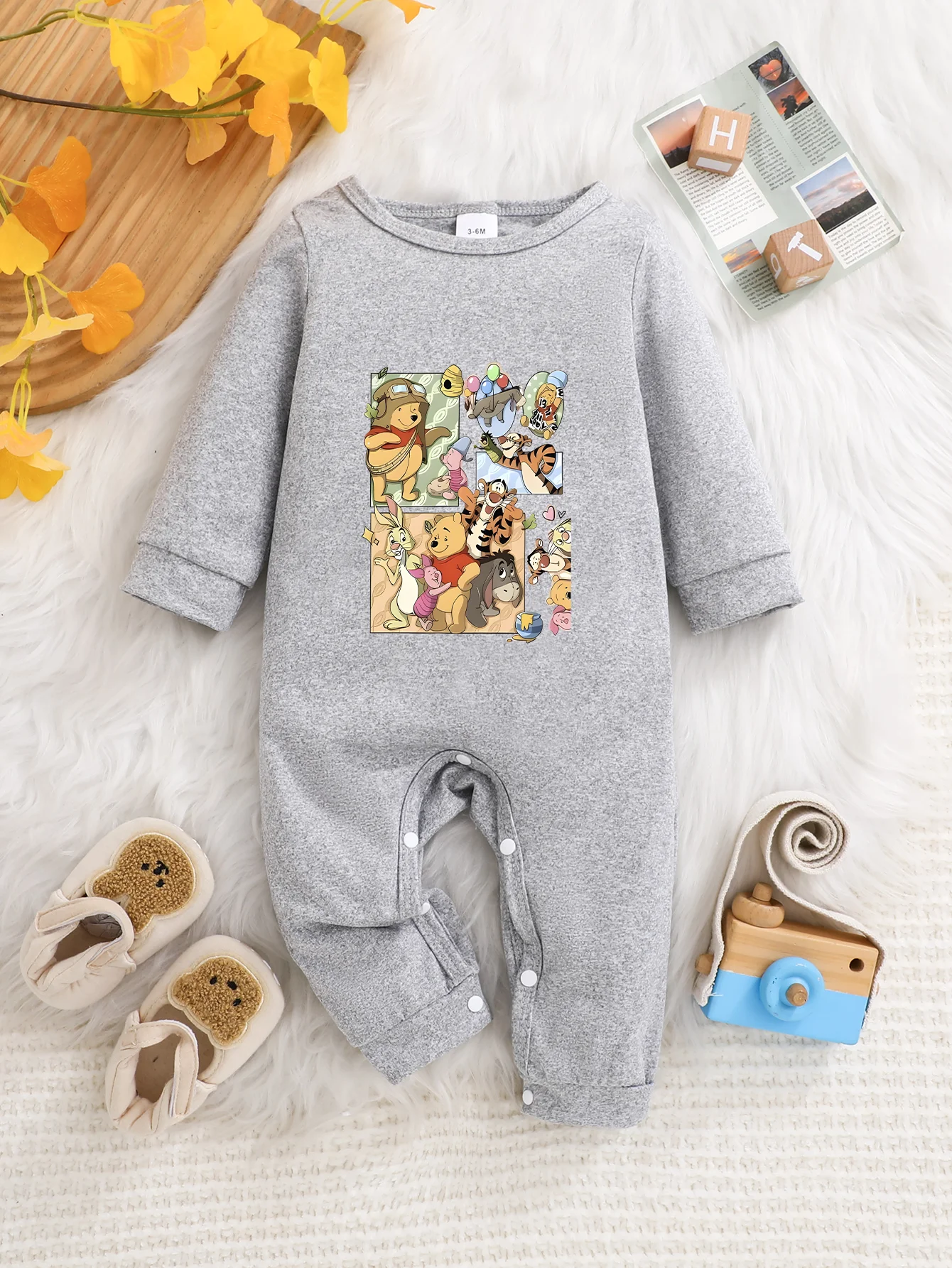 

【Officially Licensed】 Disney Winnie the Pooh Baby Long-Sleeve Romper: Collage-Style Pooh & Friends Print