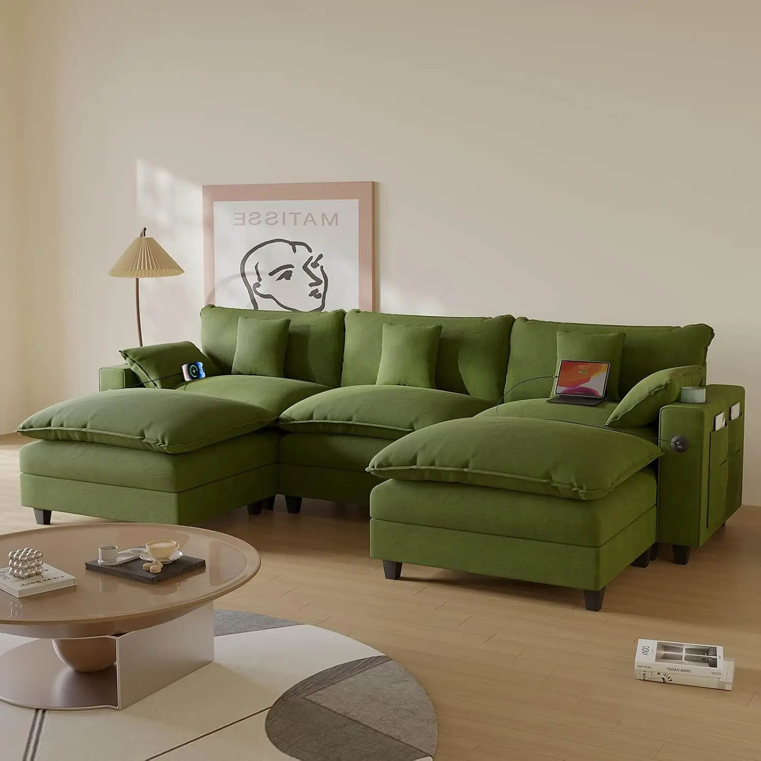 U Shaped Modular Sectional Sofa, Chenille Deep Seat Couch with Ottoman, Charging Station, Cup Holder, Side Pocket, Customized