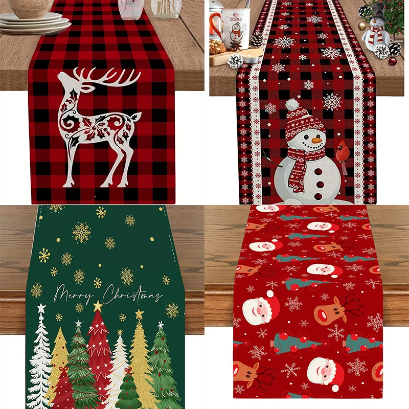 2pcs Christmas Buffalo Plaid Table Runner Heat Resistant Non Slip Reindeer Snowman Xmas Tree Holiday Dining Table Decor