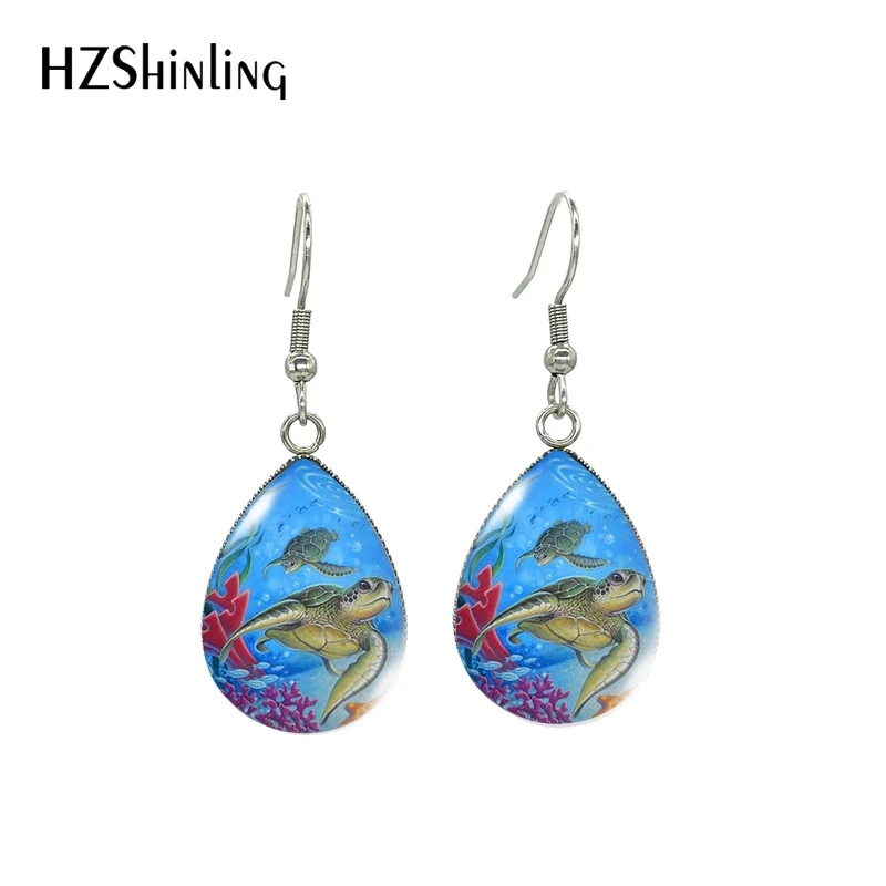 2023 New Arrival Fashion Dolphins Turtles Seahorses Seals Marine Animals Handcraft Glass Cabochon Tear Drop Dangle Earrings