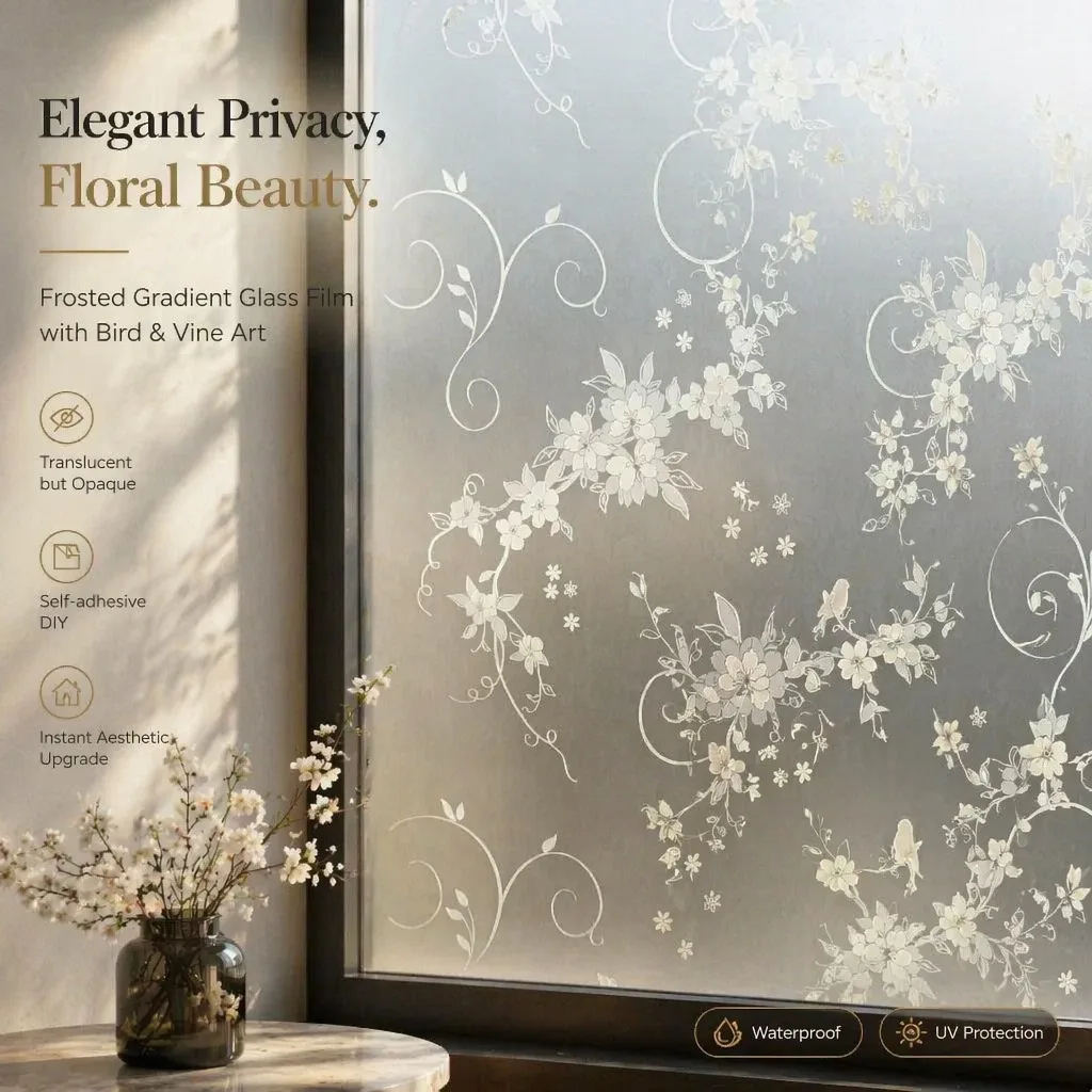 Self Adhesive Floral Bird Scroll Frosted Window Film, Vintage Flower Vine Sparrow Privacy Glass Sticker Anti UV Opaque