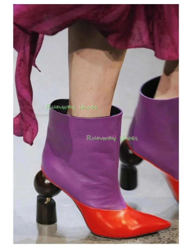 Pointed Red And Purple Leather Color-Blocked Women's Ankle Boots Cylindrical And Sphere Patchwork Style Alien High Heel 2026