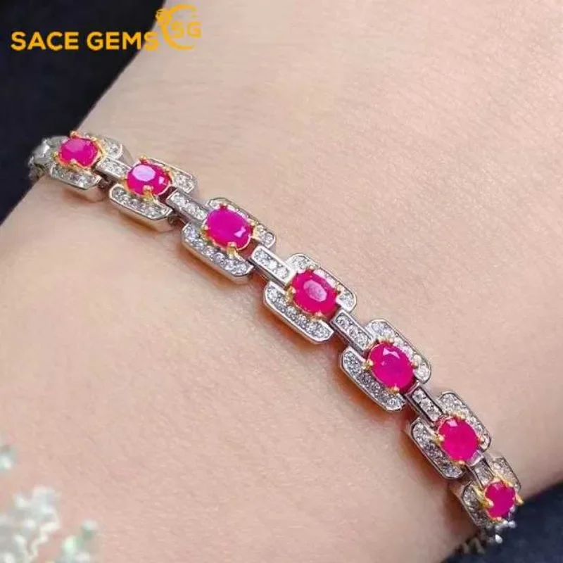 

SACEGEMS New Certified 925Sterling Silver 3*4MM Natural Ruby Gemstone Bracelrts for Women Engagement Cocktail Party Fine Jewelry