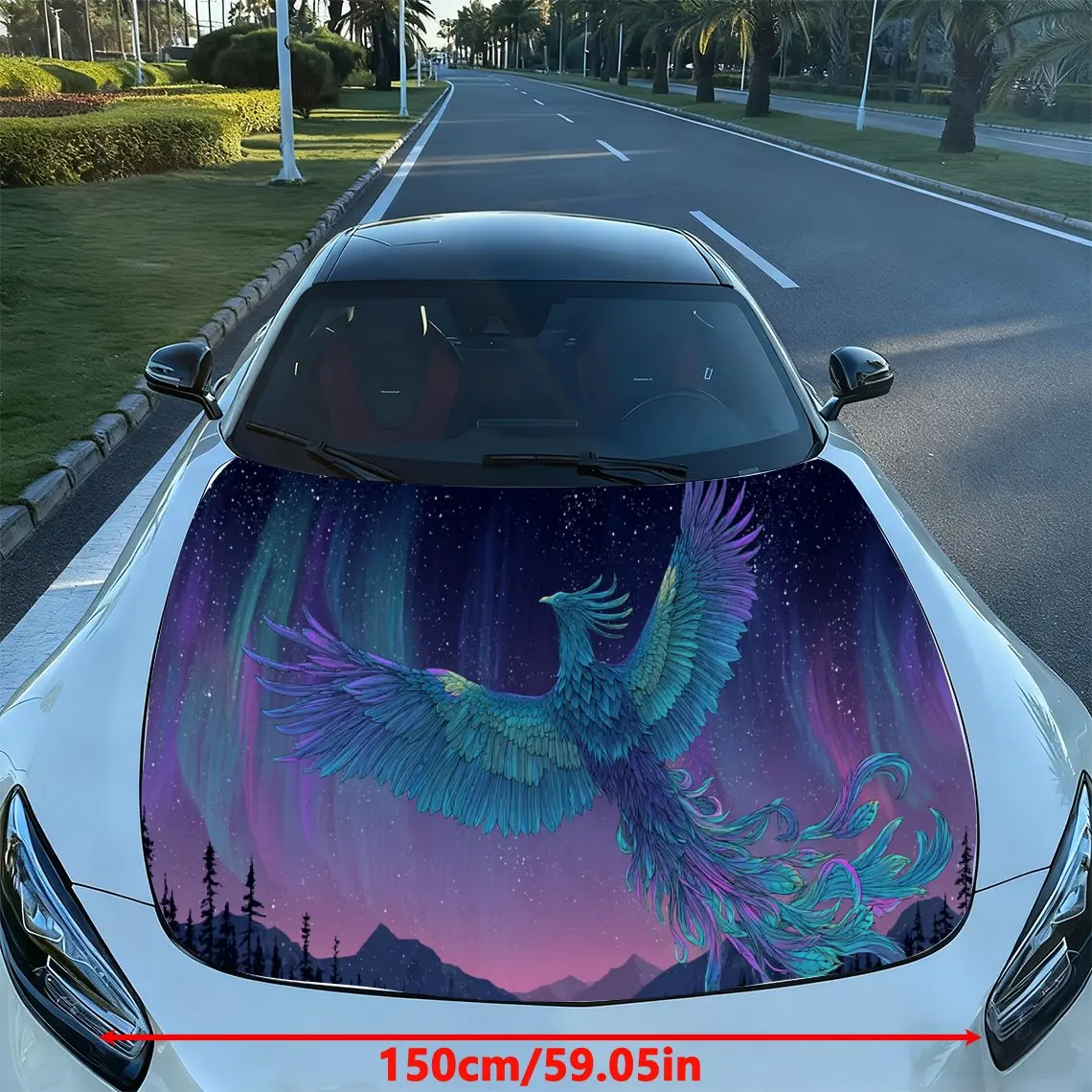 Aurora Blue Phoenix Starry Myth PVC Car Hood Wraps, Self-Adhesive Waterproof Car Bonnet Decal Sticker, Car Decoration Protection