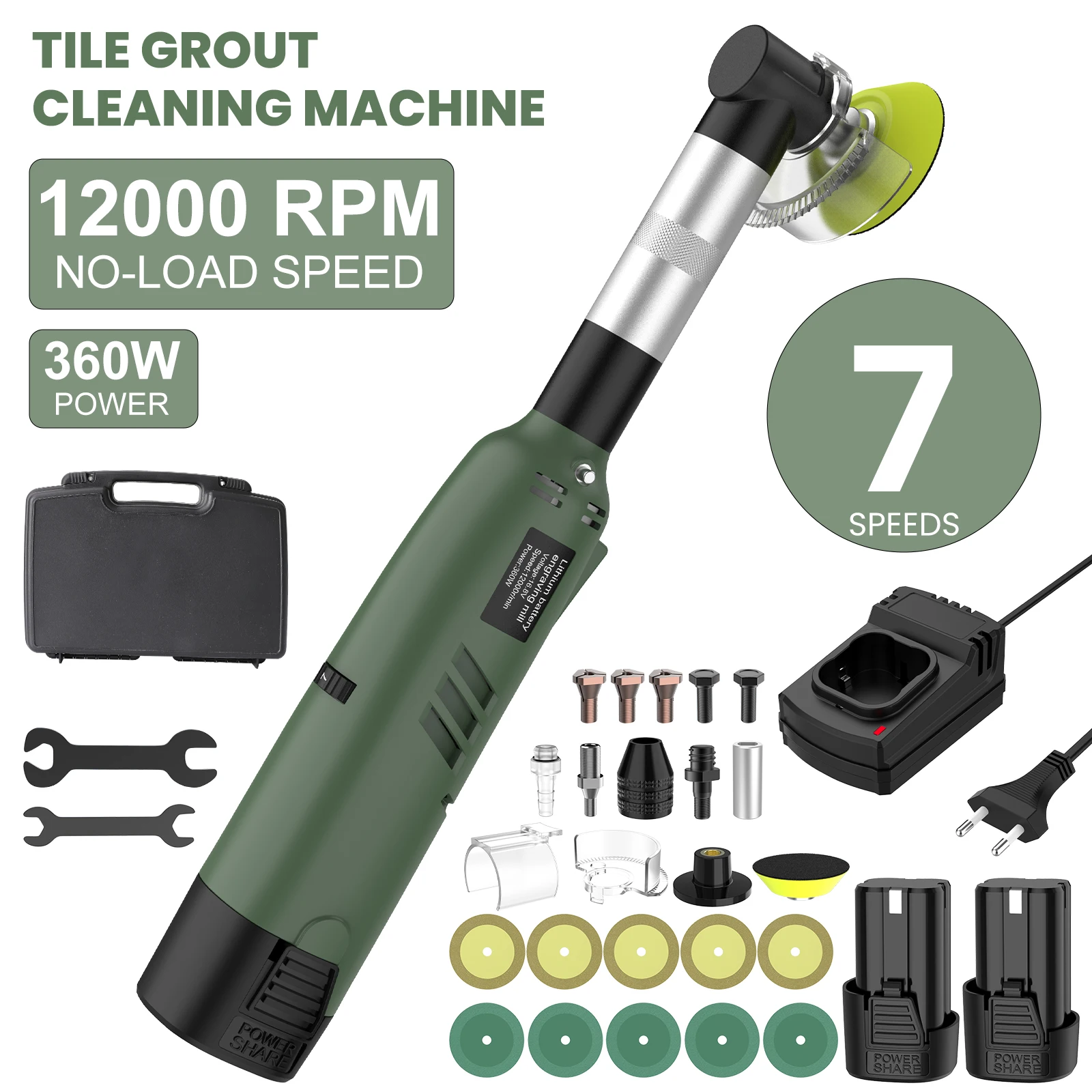Strumento per la pulizia della stuccatura delle piastrelle senza fili, 90 ° Smerigliatrice angolare e lucidatrice, 7 velocità, 12.000 giri/min, pulitore multifunzione da 360 W per batteria da 16,8