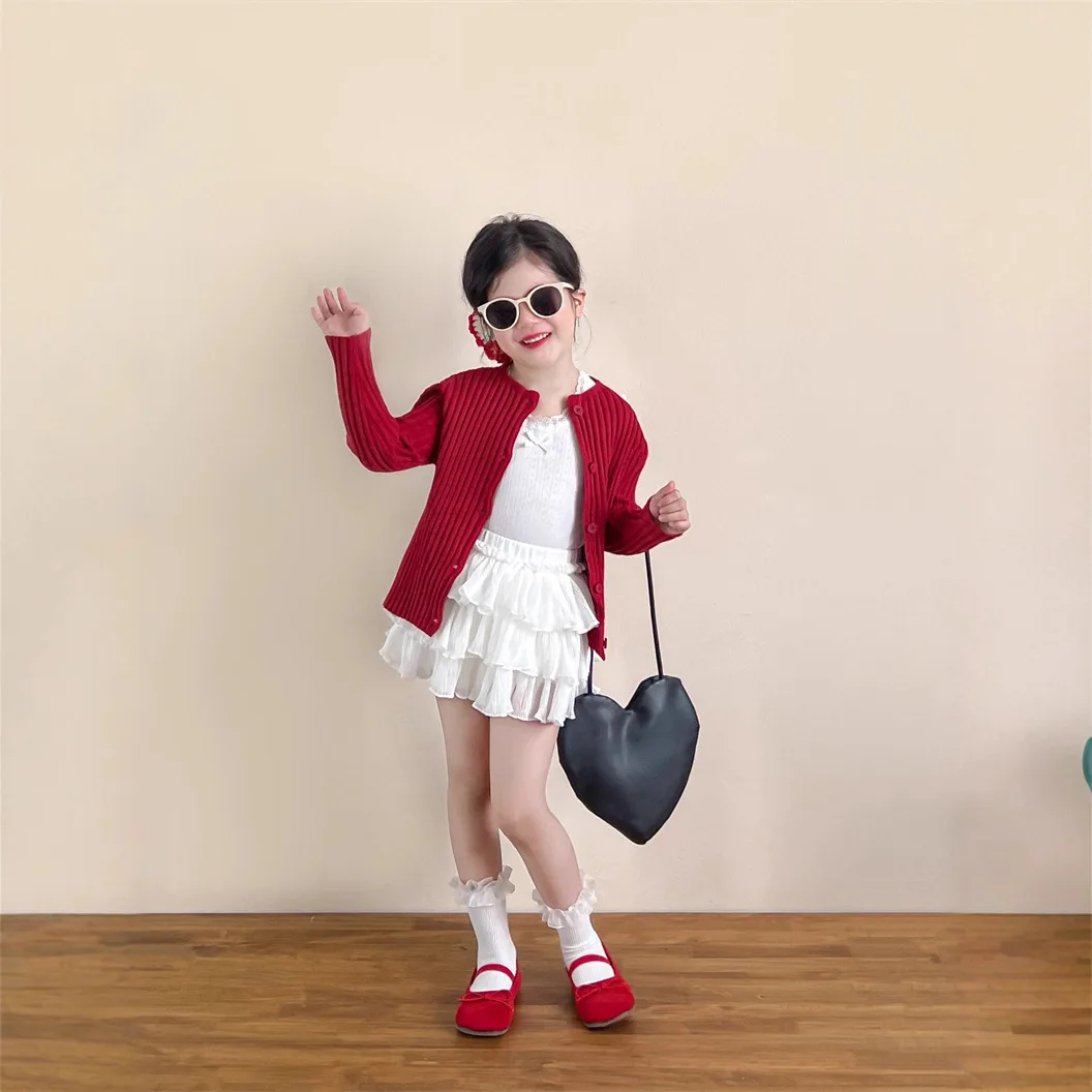 

Girls Suit 2025 Autumn New Childrens Clothing Korean Girl Baby Sweet Knitted Cardigan Vest Crease Cake Skirt Pants Three Sets