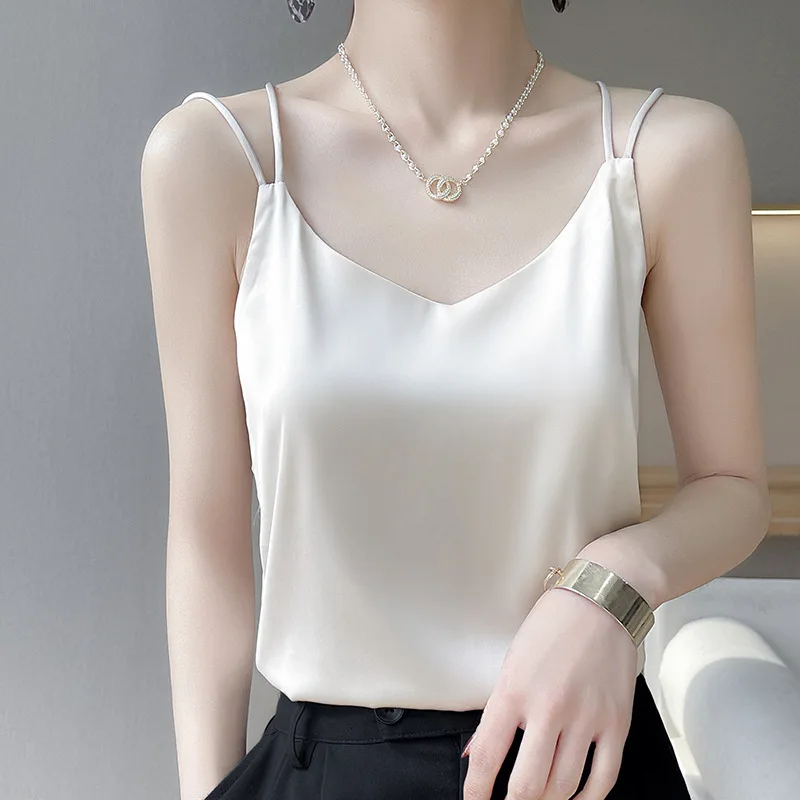 Spring Summer Autumn New Imitation Silk Acetate Satin Sling Double-Shoulder Strap Back Cross Tank Top Suit Inner Match Small Shi