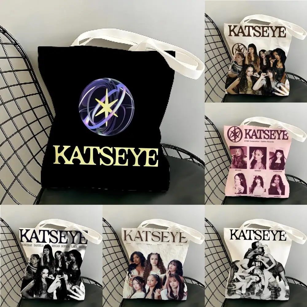 K-KatseyeS Girl Band Fashion Storage Bags Canvas Tote Bag Women Large Capacity Reusable Eco Shopping Shoulder Handbag
