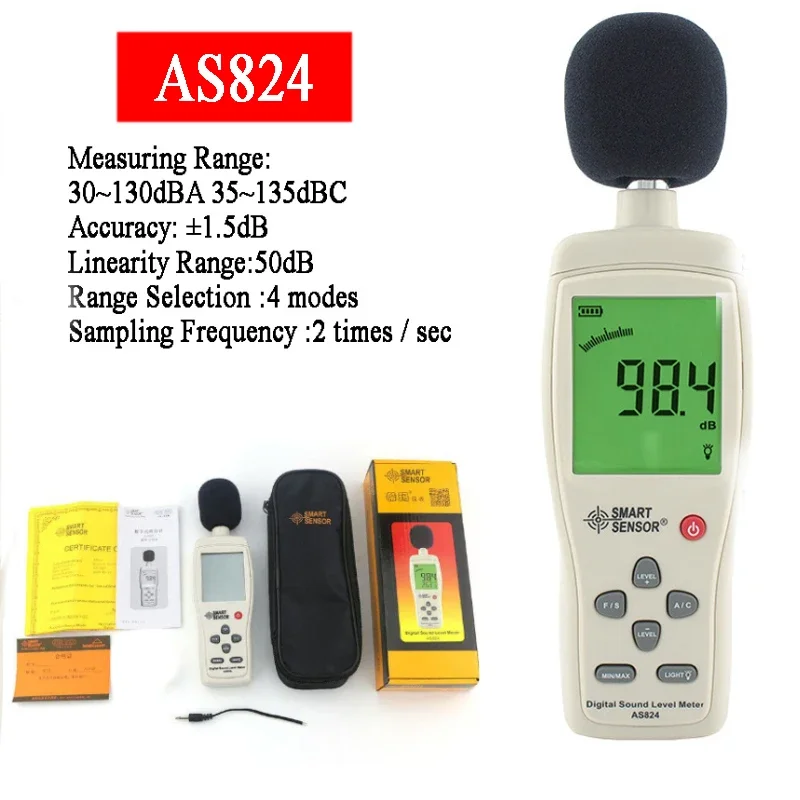 AS824 Handheld Larger LCD Screen Display Digital Sound Level Meter Noise Decibel Meter 30~130 dB Noise Meter