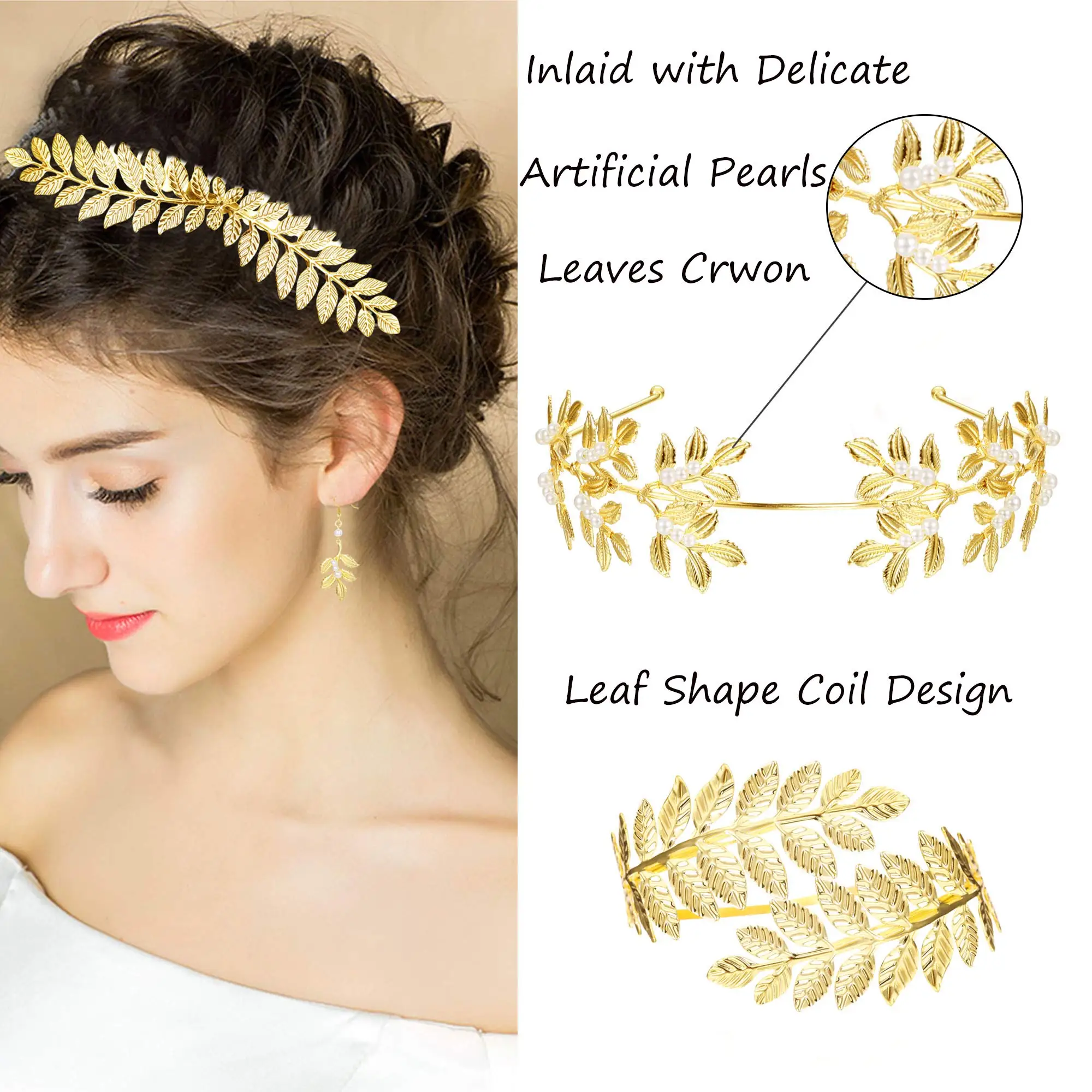 Greek Leaf Faux Pearl Brincos, 5 Conjuntos de Deusa Grega Traje Acessórios, Headband Pulseira Loop, Cabelo nupcial co