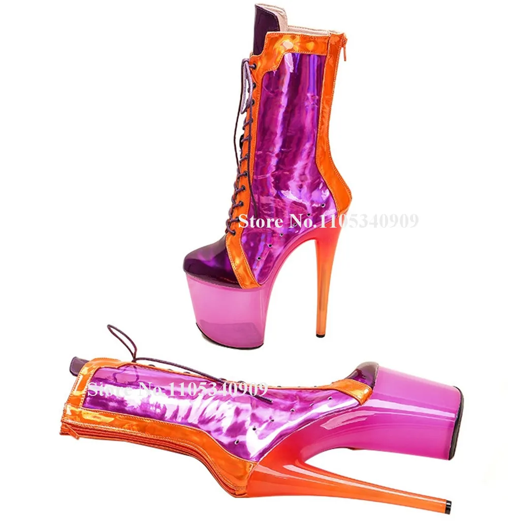 Bondarenko Pink Orange Metallic Patent Leather Thin Heel Short Boots Round Toe Lace-up High Platform 20cm Stiletto Dance Shoes