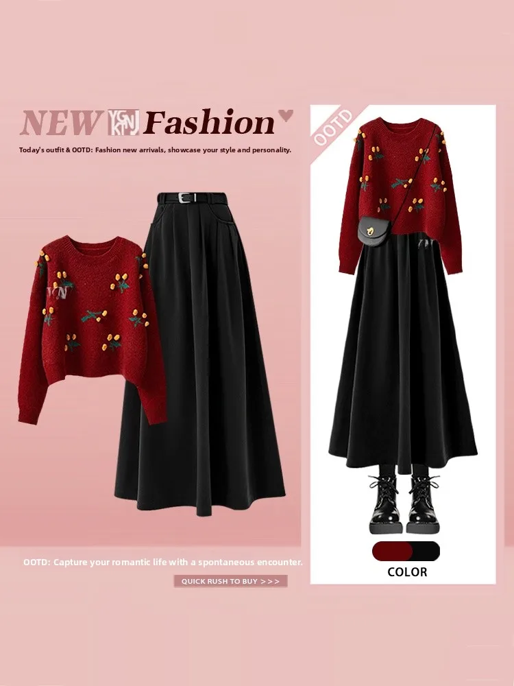 

Cisas Red Knitted Sweater High Waist Skirt Two Piece Set Winter Faion Casual Chic round Ne Long Sve Knitwear