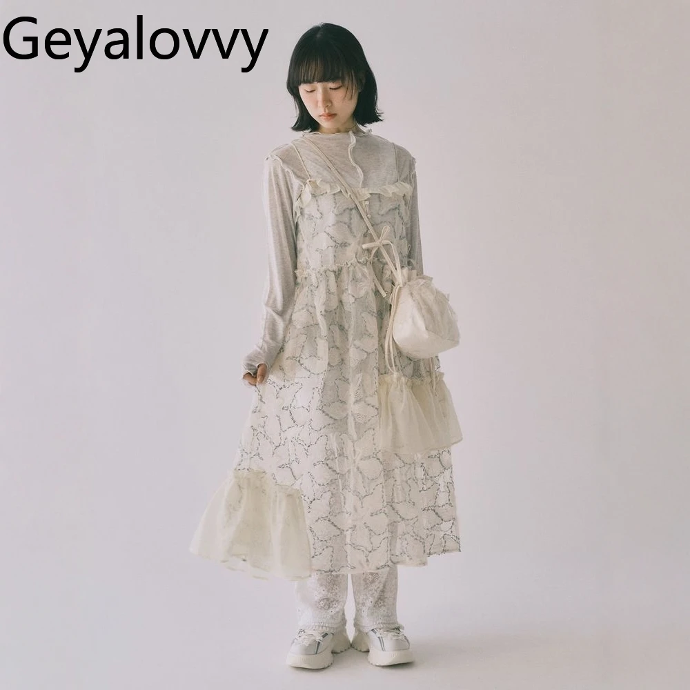 Japanse stijl zware pailletten bloem ruche bovenkleding pure mouwloze jurken voor vrouwen zoete lange band jurk zomer herfst