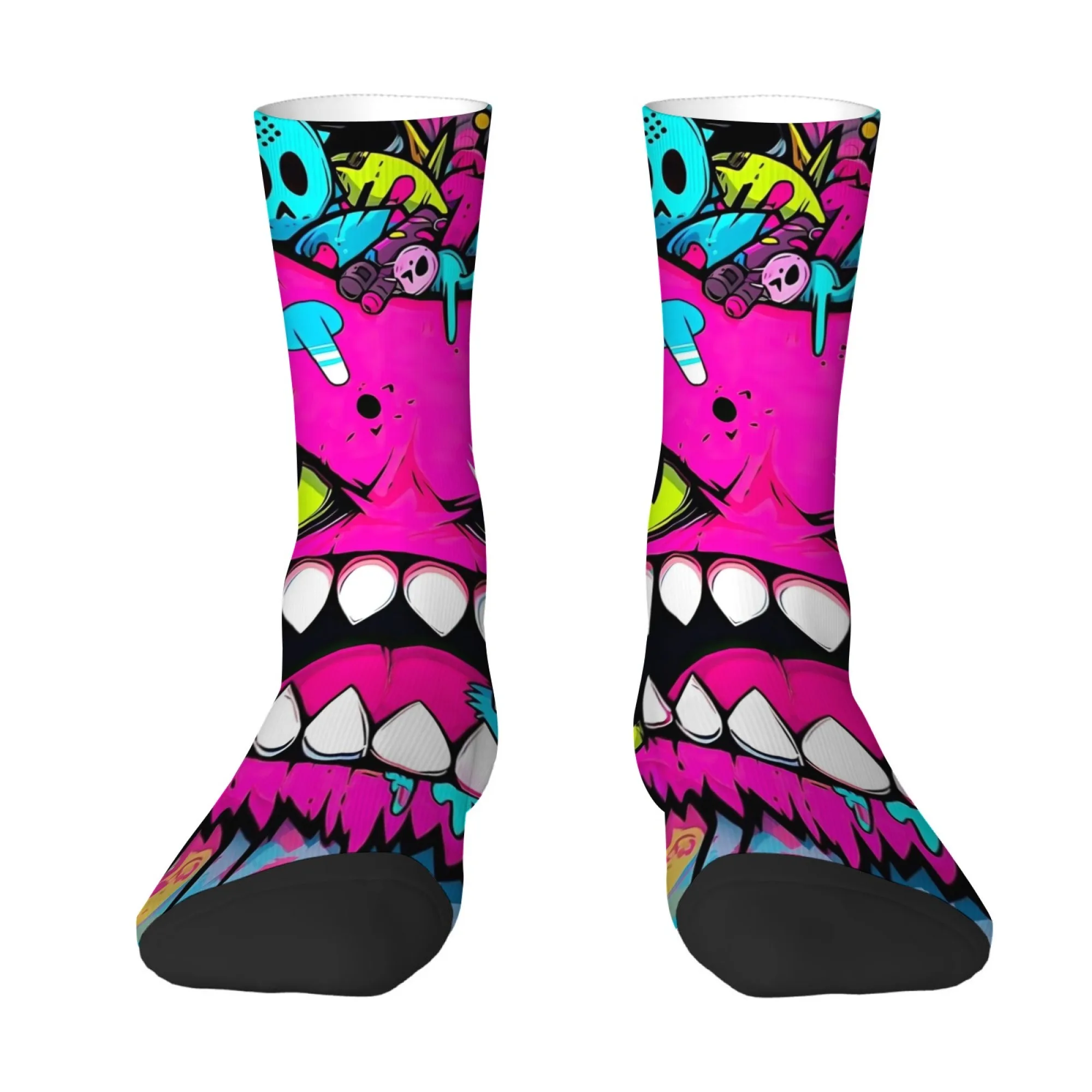 Novel Fun Neon Harajuku-style Cartoon Skull Men's Mid-calf Socks  Vibrant Colors Rebellious Energetic Street Party Style Socks