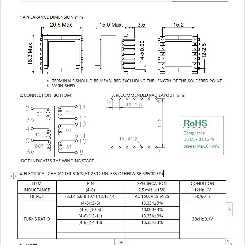 EE16 Viper12A 300-340V to 5V / 15V flyback transformer  SMPS ferrite core transformer horizontal 7+7pin