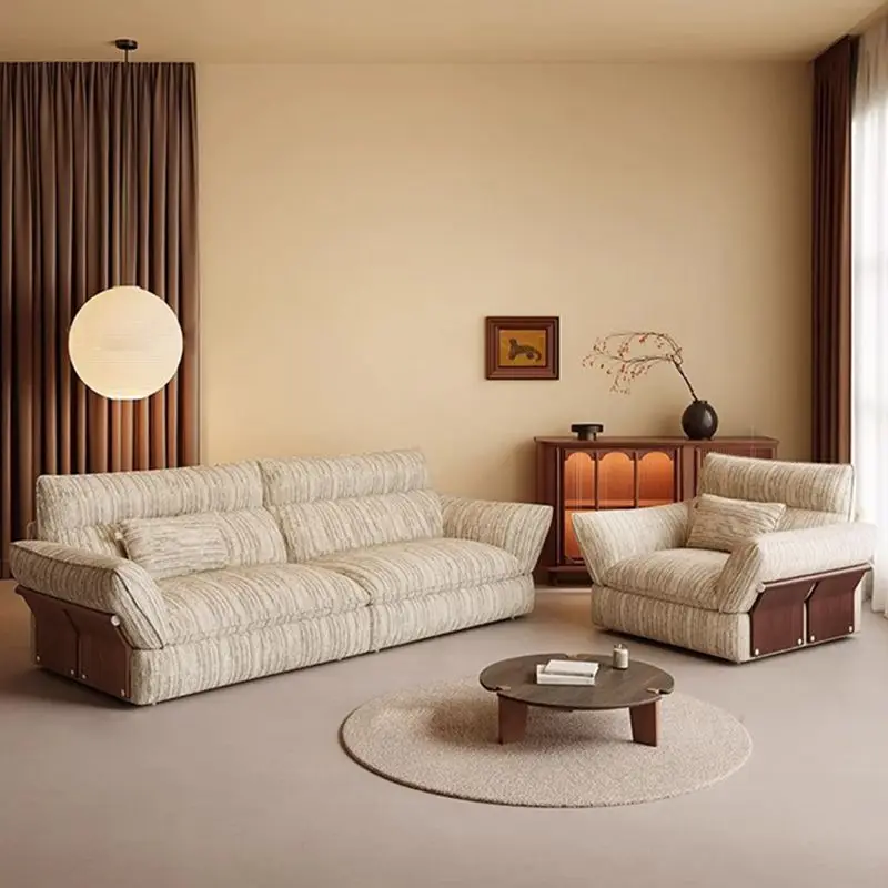 Cotton and linen sofa small living room retro straight row linen cloud down fabric sofa