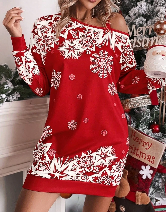 Autumn and Winter Fashionable Dress Christmas Printed Slanted Shoulder Dress Tight Fitting Hip Hugging Sexy Dress for Women