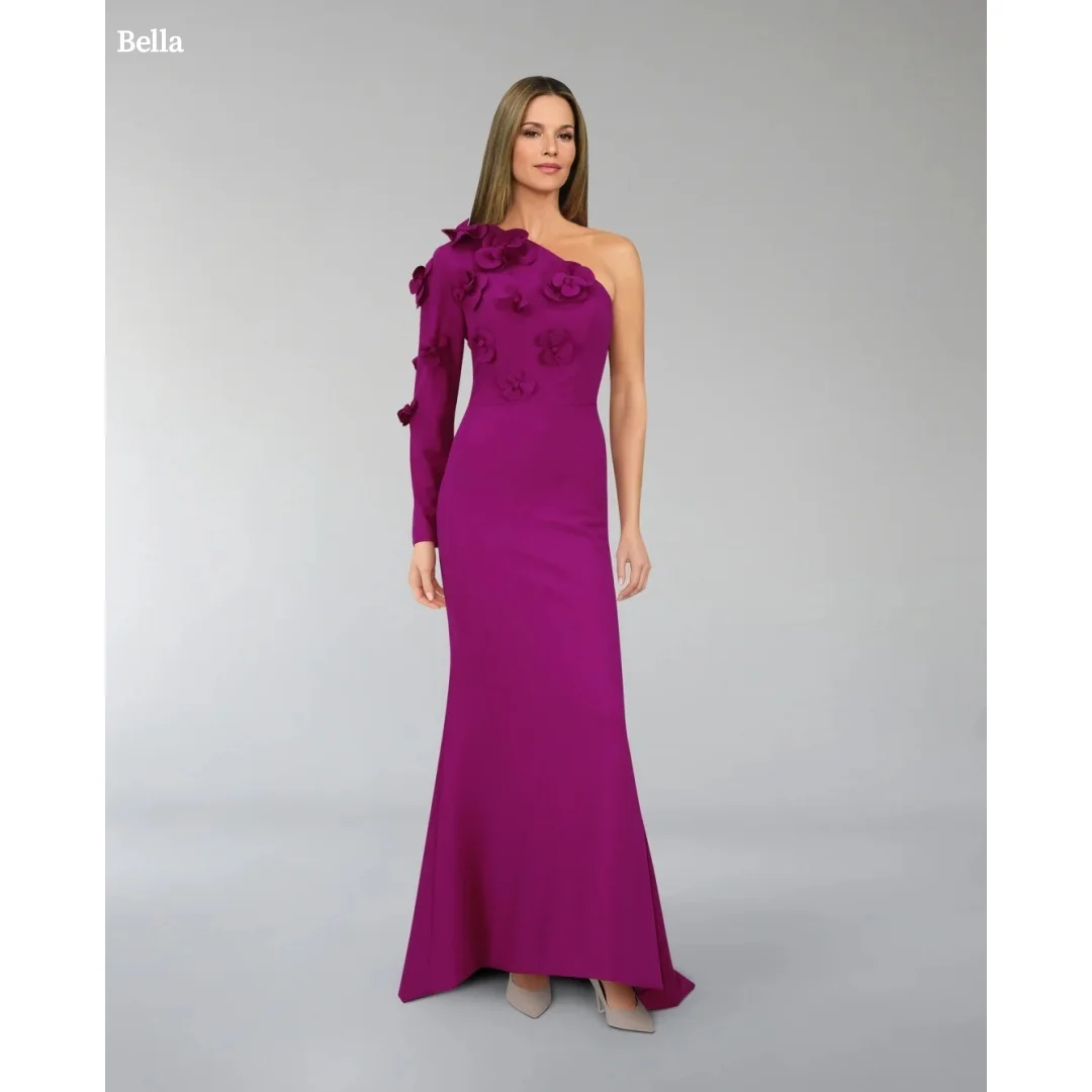 

Bella Customized Women Purple One-Shoulder Prom Dress 3D Flower Embellished Long Sleeve Mermaid Party Dresses robes de soirée