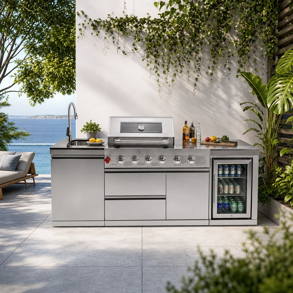 Stainless Steel Outdoor Kitchen With BBQ And Fridge With Grill Cooktop Sink Fridge Rolling Movable On Wheels For Backyard Patio